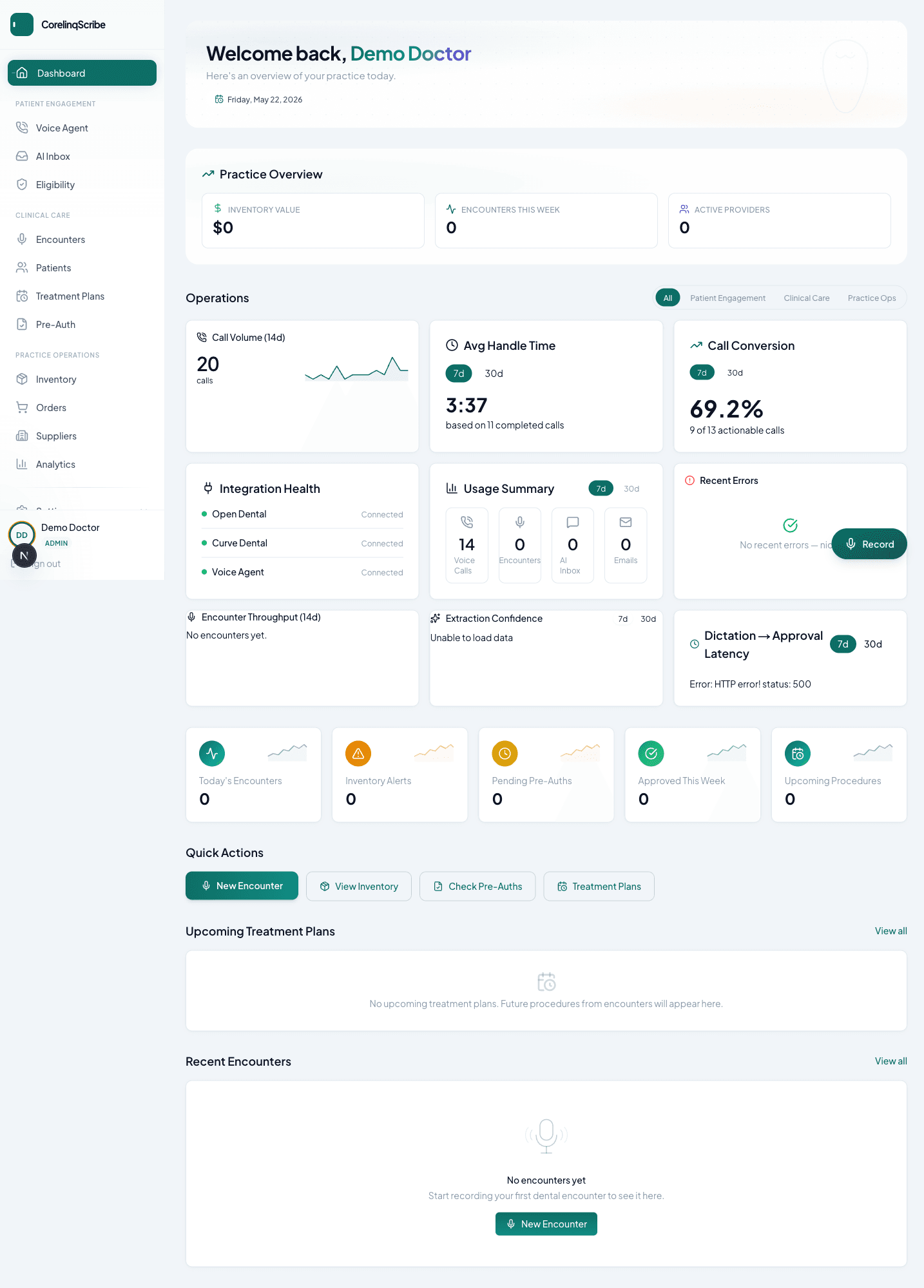 CoreLinq Scribe development screenshot showing the demo practice dashboard